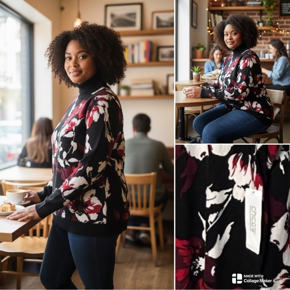 NWT Chico's Black and Red Floral Women's turtleneck Sweater